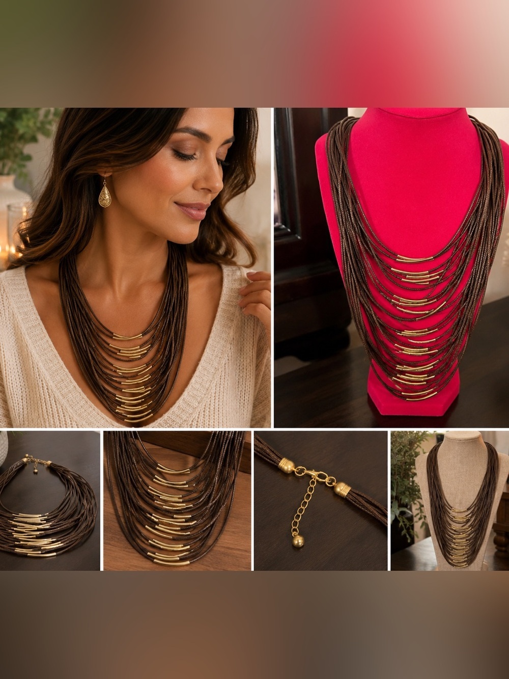 Brown Multi Strand Faux Leather Rope Necklace Gold Tone Layered Statement